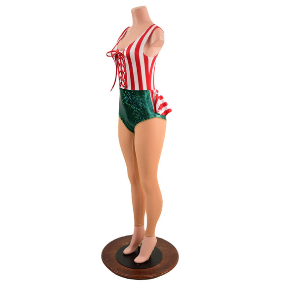 Christmas Elf Laceup Catsuit with Nude Mesh Legs - Coquetry Clothing