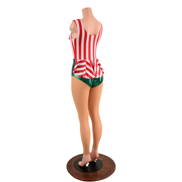 Christmas Elf Laceup Catsuit with Nude Mesh Legs - Coquetry Clothing