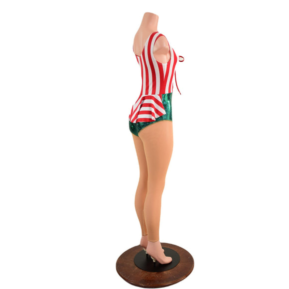 Christmas Elf Laceup Catsuit with Nude Mesh Legs - Coquetry Clothing