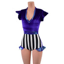 Circus Stripes and Purple Velvet Flip Sleeve Paneled Romper - Coquetry Clothing