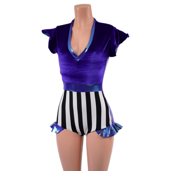 Circus Stripes and Purple Velvet Flip Sleeve Paneled Romper - Coquetry Clothing