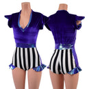 Circus Stripes and Purple Velvet Flip Sleeve Paneled Romper - Coquetry Clothing