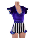 Circus Stripes and Purple Velvet Flip Sleeve Paneled Romper - Coquetry Clothing