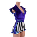 Circus Stripes and Purple Velvet Flip Sleeve Paneled Romper - Coquetry Clothing