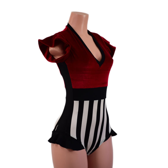 Circus Stripes and Red Velvet Flip Sleeve Paneled Romper - Coquetry Clothing