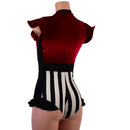 Circus Stripes and Red Velvet Flip Sleeve Paneled Romper - Coquetry Clothing