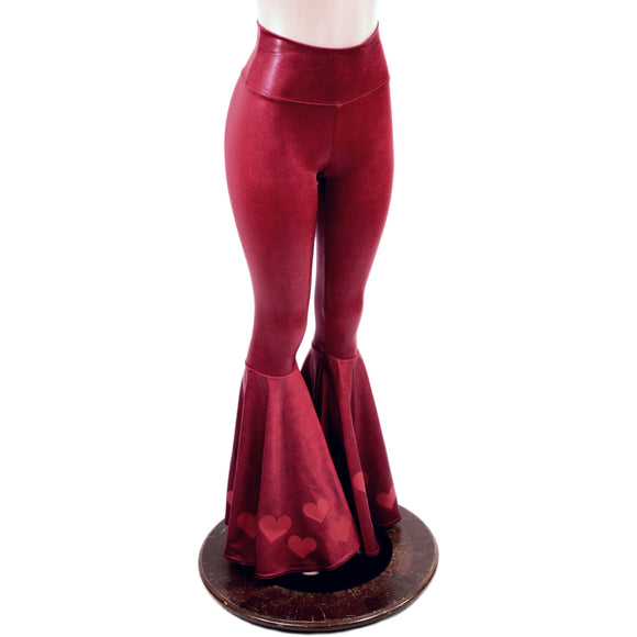 Coagulant Red Metallic High Waist Bell Bottoms with Valentine Heart Flares - Coquetry Clothing