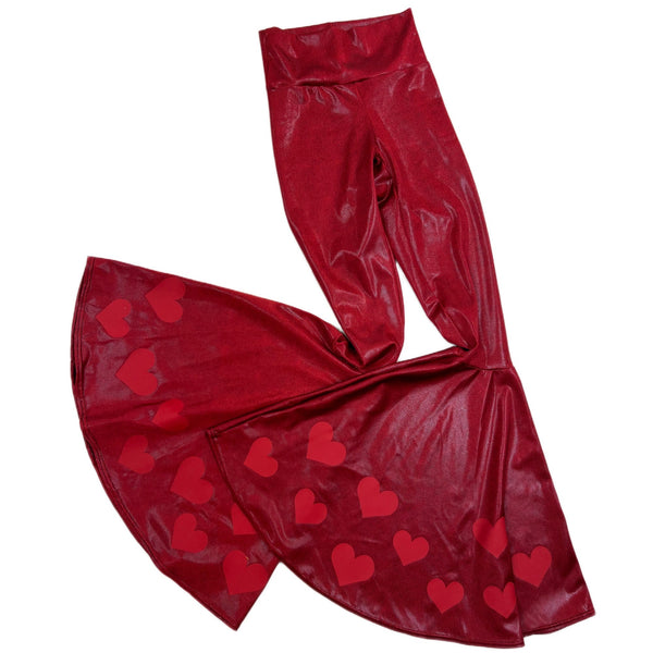 Coagulant Red Metallic High Waist Bell Bottoms with Valentine Heart Flares - 1
