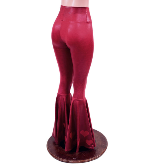 Coagulant Red Metallic High Waist Bell Bottoms with Valentine Heart Flares - Coquetry Clothing