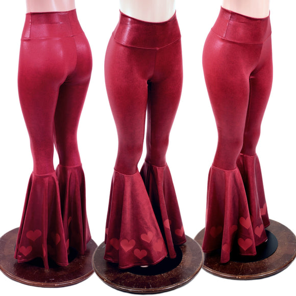 Coagulant Red Metallic High Waist Bell Bottoms with Valentine Heart Flares - Coquetry Clothing