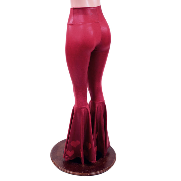 Coagulant Red Metallic High Waist Bell Bottoms with Valentine Heart Flares - Coquetry Clothing