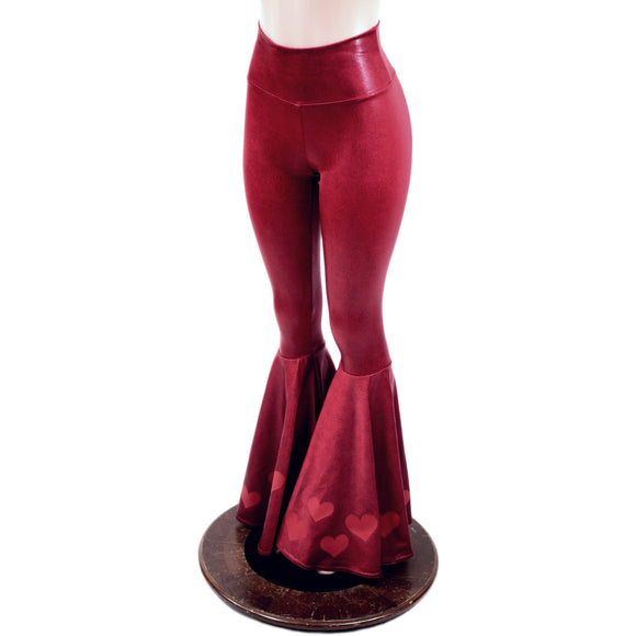 Coagulant Red Metallic High Waist Bell Bottoms with Valentine Heart Flares - Coquetry Clothing
