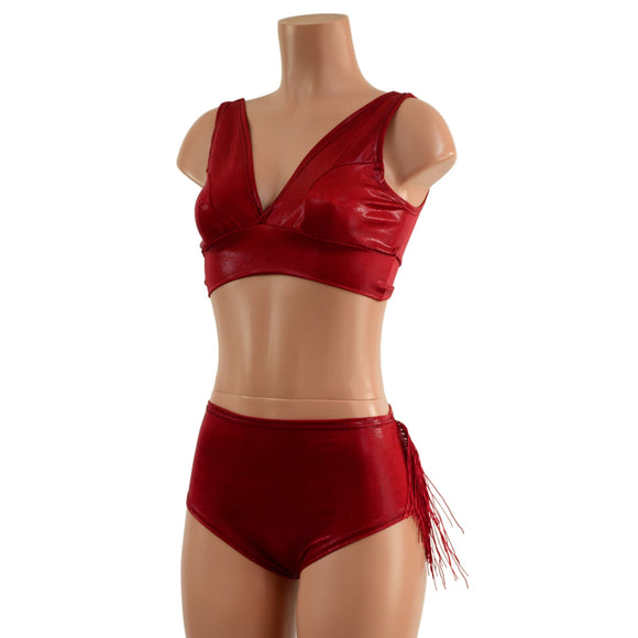 Coagulant Red Starlette Bralette and Fringed MIDrise Siren Shorts Set - Coquetry Clothing