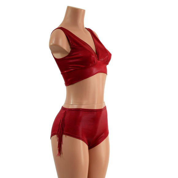 Coagulant Red Starlette Bralette and Fringed MIDrise Siren Shorts Set - Coquetry Clothing