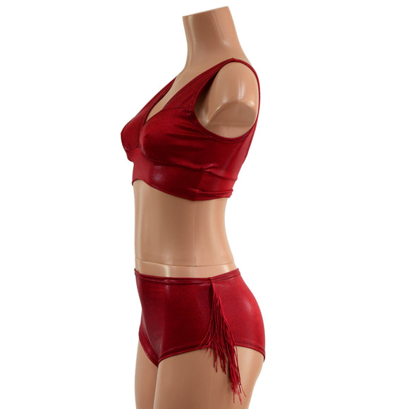 Coagulant Red Starlette Bralette and Fringed MIDrise Siren Shorts Set - Coquetry Clothing