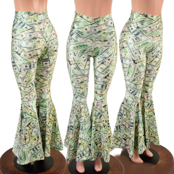 Cold Cash Print High Waist Bell Bottom Flares - Coquetry Clothing