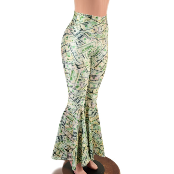 Cold Cash Print High Waist Bell Bottom Flares - Coquetry Clothing