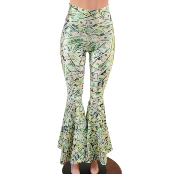 Cold Cash Print High Waist Bell Bottom Flares - Coquetry Clothing