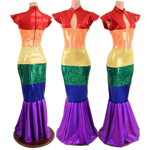 Color Blocked Rainbow Gown with Keyhole and Fishtail Hemline - Coquetry Clothing