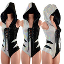 Color Split Laceup Romper with Plunging V neckline, Hood, and Hip Arcs - Coquetry Clothing