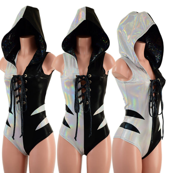 Color Split Laceup Romper with Plunging V neckline, Hood, and Hip Arcs - Coquetry Clothing