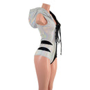 Color Split Laceup Romper with Plunging V neckline, Hood, and Hip Arcs - Coquetry Clothing