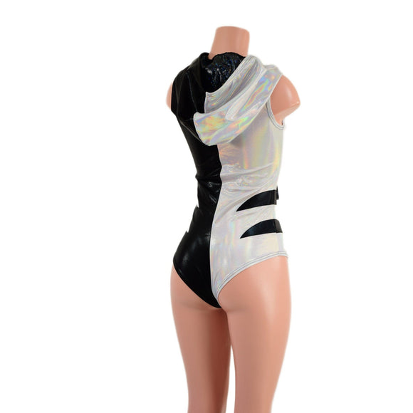 Color Split Laceup Romper with Plunging V neckline, Hood, and Hip Arcs - Coquetry Clothing