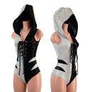 Color Split Laceup Romper with Plunging V neckline, Hood, and Hip Arcs - Coquetry Clothing