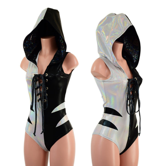 Color Split Laceup Romper with Plunging V neckline, Hood, and Hip Arcs - Coquetry Clothing