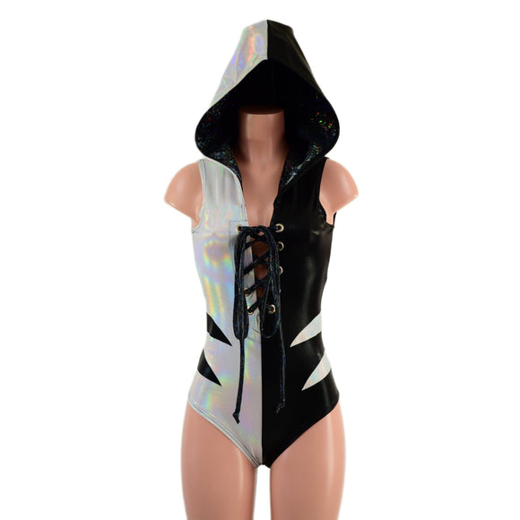 Color Split Laceup Romper with Plunging V neckline, Hood, and Hip Arcs - Coquetry Clothing