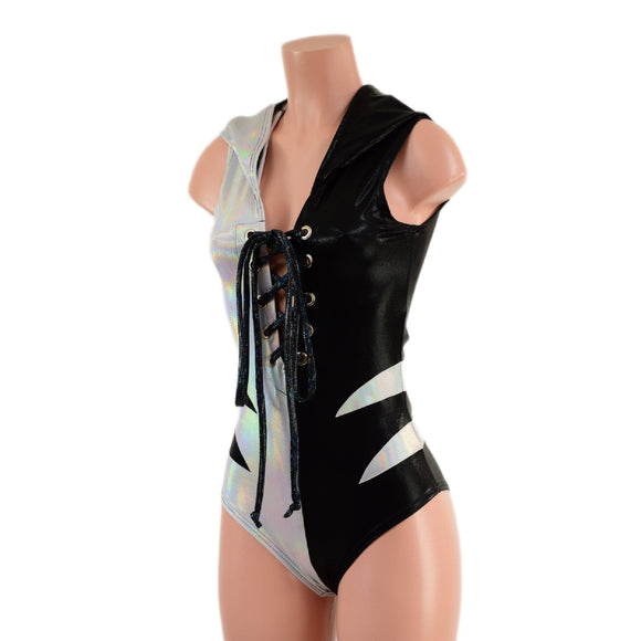 Color Split Laceup Romper with Plunging V neckline, Hood, and Hip Arcs - Coquetry Clothing