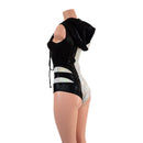 Color Split Laceup Romper with Plunging V neckline, Hood, and Hip Arcs - Coquetry Clothing
