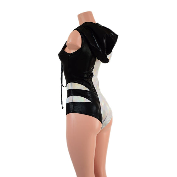 Color Split Laceup Romper with Plunging V neckline, Hood, and Hip Arcs - Coquetry Clothing