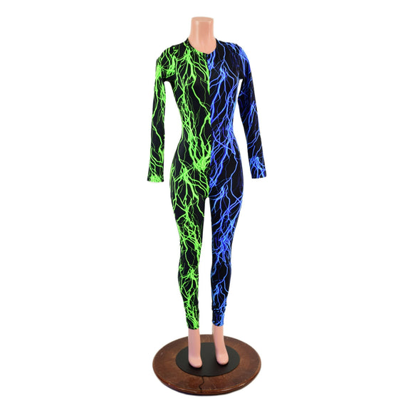 Color Split Lightning Long Sleeve Catsuit with Crew Neck and Back Zipper - Coquetry Clothing