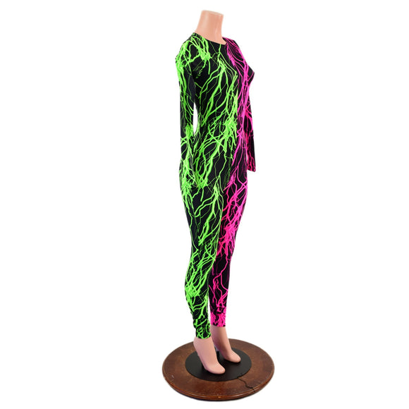 Color Split Lightning Long Sleeve Catsuit with Crew Neck and Back Zipper - Coquetry Clothing