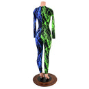 Color Split Lightning Long Sleeve Catsuit with Crew Neck and Back Zipper - Coquetry Clothing