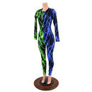 Color Split Lightning Long Sleeve Catsuit with Crew Neck and Back Zipper - Coquetry Clothing