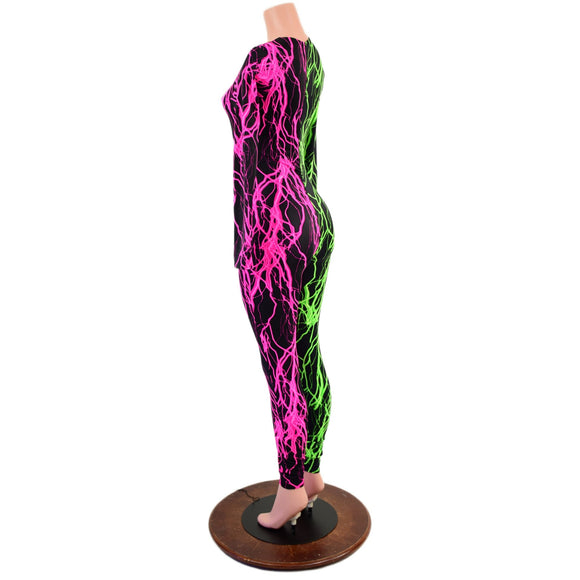 Color Split Lightning Long Sleeve Catsuit with Crew Neck and Back Zipper - Coquetry Clothing
