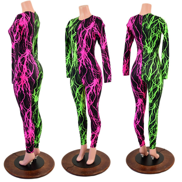 Color Split Lightning Long Sleeve Catsuit with Crew Neck and Back Zipper - Coquetry Clothing