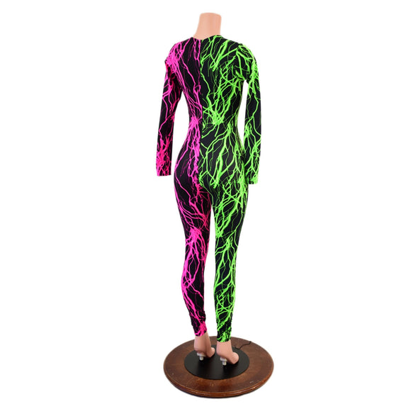 Color Split Lightning Long Sleeve Catsuit with Crew Neck and Back Zipper - Coquetry Clothing