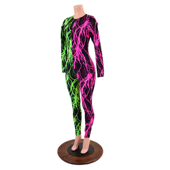 Color Split Lightning Long Sleeve Catsuit with Crew Neck and Back Zipper - Coquetry Clothing