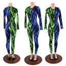 Color Split Lightning Long Sleeve Catsuit with Crew Neck and Back Zipper - Coquetry Clothing