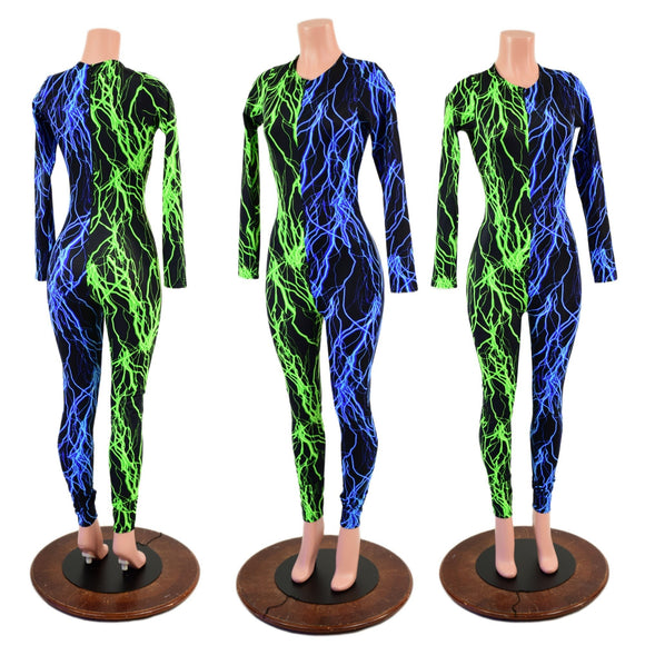 Color Split Lightning Long Sleeve Catsuit with Crew Neck and Back Zipper - Coquetry Clothing
