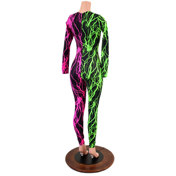Color Split Lightning Long Sleeve Catsuit with Crew Neck and Back Zipper - Coquetry Clothing