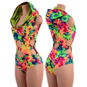 Neon Acid Splash Hooded O-Ring Romper with Siren Cut Leg - 1