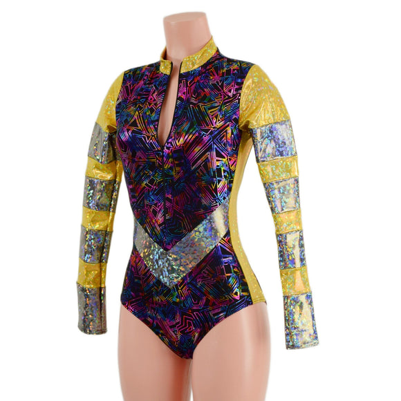 CyberSpace Silver and Gold Shattered Glass V Front Stella Romper - Coquetry Clothing