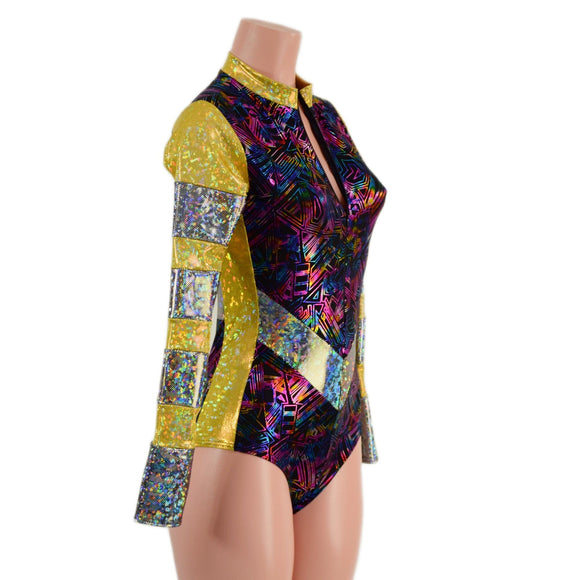 CyberSpace Silver and Gold Shattered Glass V Front Stella Romper - Coquetry Clothing