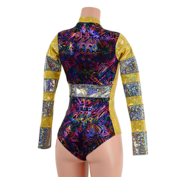 CyberSpace Silver and Gold Shattered Glass V Front Stella Romper - Coquetry Clothing