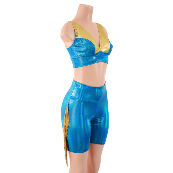 Peacock High Waist Bike Shorts with Gold Fringe and Starlette Bralette 2PC Set - Coquetry Clothing