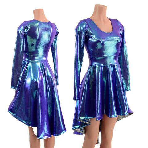 Moonstone Hi Lo Long Sleeve Skater Dress with Silver Holo Skirt Lining - Coquetry Clothing